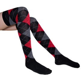 COUVER Women's Thigh High/Over Knee Fashion Argyle Socks, Black/Red/Charcoal, Medium, 1 Pair