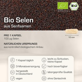 Purabyo Bio Selen Kapseln aus Senfsamen | im Glas | 100g pro Kapsel | 3-Monatsversorgung | Organisch | Nur 1 Kapsel t?glich | Selen Bio | hochdosiert
