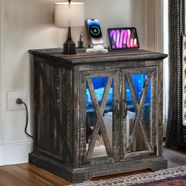 YITAHOME Farmhouse Side Table with Charging Station & RGB LED Illumination, Spacious Dual-Door Storage, Luxury Nightstand for Modern Living Room & Home Office (Dark Rustic Oak)