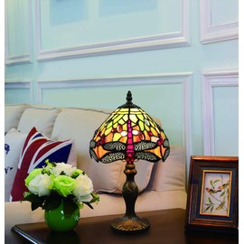 Tokira Vintage Tiffany Style Table Lamps for Living Room, 8 Inch Green Stained Glass Accent Table Lamp, Red Dragonfly Bedside Table Lamp for Bedroom