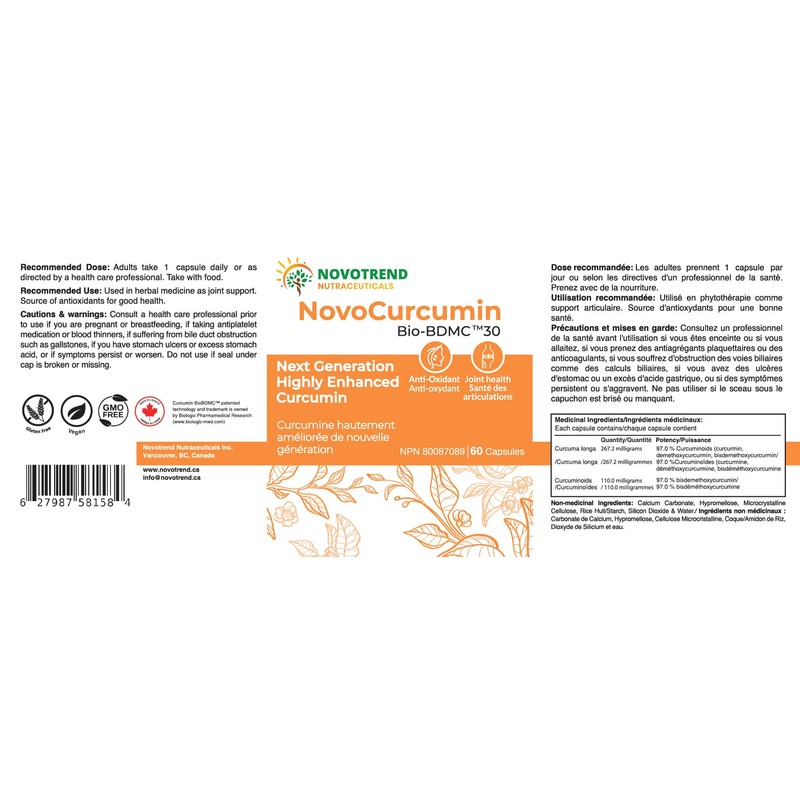 NovoCurcumin Bio-BDMC30-60 Capsules- Next Generation Highly Enhanced Curcumin