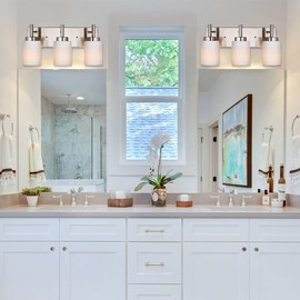 VINLUZ Bathroom Vanity Light Fixtures Over Mirror,3-Light Metal Base Brushed Nickel Finish Classic Wall Sconces with White Glass Shades Wall Mounted Lighting for Bedroom Cabinet Kitchen Stairs