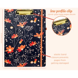 Steel Mill & Co Cute Clipboard Folio with Refillable Lined Notepad and Interior Storage Pocket, Stylish Navy Blue and Coral Clipfolio, Floral Vines