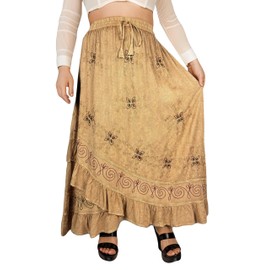 Agan Traders Women's 2025 Summer Western Boho Vintage Drawstring Embroidered Flared Ruffle High Waist Long Skirt (702 SK, S/M, Cm) Camel