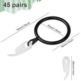 Alaoo 45 Pack Curtain Rings, Metal Drapery Curtain Rings with 50 White Plastic Hooks for Curtain Poles Rod Shower Curtain, 30 mm Internal Eyelets Diameter, Black