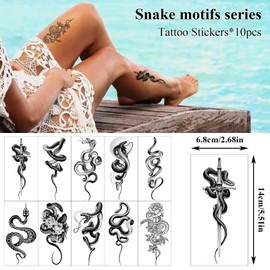 10 Sheets Realistic Snake Temporary Tattoos for Men and Women, 3D Cobra Mamba Viper Snake Tattoos, Waterproof Fake Tattoo Stickers for Adults Sticking Festival Accessories