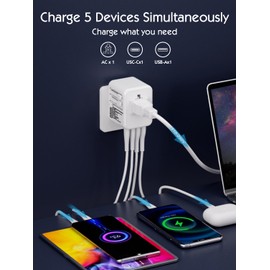 5 in 1 Travel Adapter Worldwide Universal Travel Plug with 2 USB A 2 USB C and 1AC Socket Universal Adapter for Germany USA England Thailand Italy Australia Travel Adapter