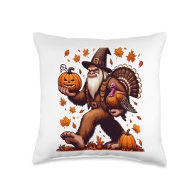 Bigfoot Pilgrim Turkey Pumpkin Thanksgiving Day Boys Men Throw Pillow
