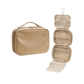 EACHY Hanging Toiletry Bag, PU Leather Make Up Organizer with 4 Compartments Waterproof Full-Size Portable Travel Essentials (Camel, L)