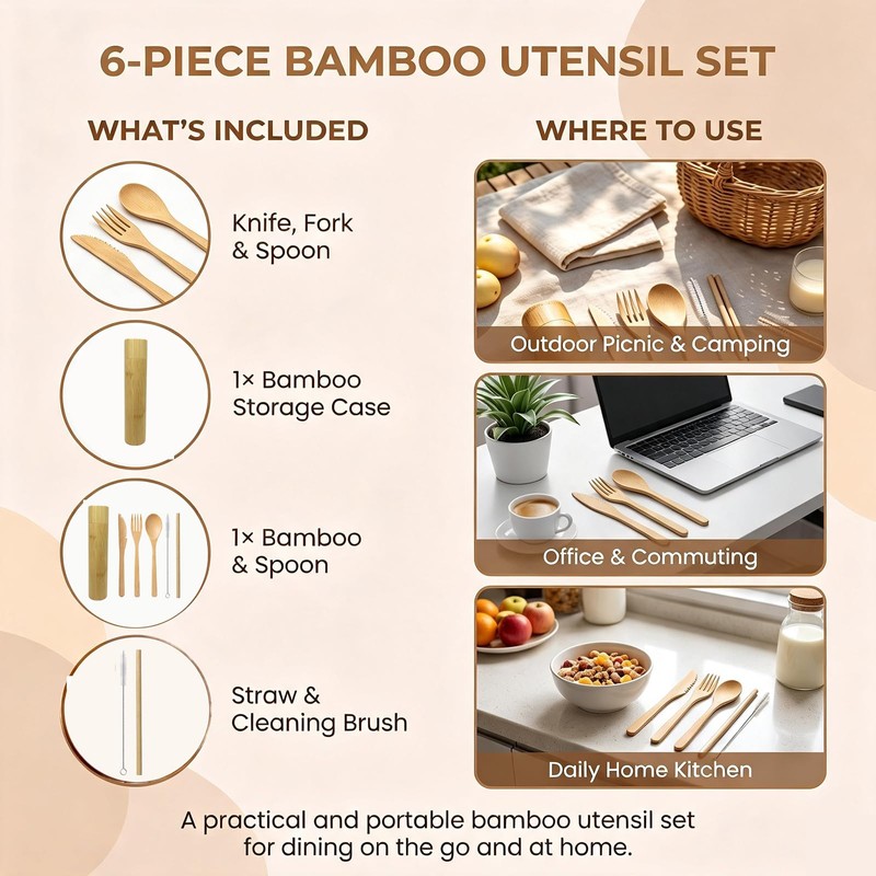 Bamboo Travel Cutlery Set with Storage Tube