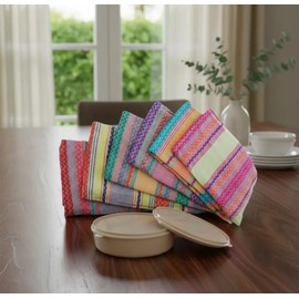 Tortillero Térmico Beige con Tapa y Servilleta Decorativa de Rayas Multicolor o Blanco, Contenedor para Tortillas (SOFIA multicolores)