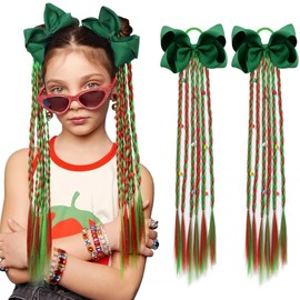 Colored Hair Extensions, Behufun 2Pcs 18" Colored Hair Extensions for Kids with Removable Hair Bows, Braided Ponytail Extension with Hair Tie, Ombre Crazy Hair Day Accessories for Girls Red Green