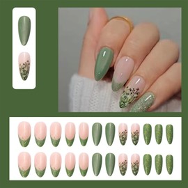 Bling French Tip Green Press on Nails Medium Almond Fake Nails with Flower Glitter Designs Nude False Nails Butterfly Glue on Nails Glossy Solid Color Artificial Stick on Nails for Women Girls 24Pcs