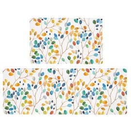 weesire Anti Fatigue Mats for Kitchen Floor Boho Kitchen Rugs Colorful Floral Leaves Memory Foam Cushioned Non-Slip Waterproof Kitchen Mat PVC Kitchen Rug Set, 17.3x28+17.3x47 inches, Laundry, Yellow