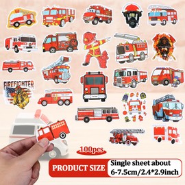 100Pcs Fire Truck Stickers, 2.4'' Waterproof Firefighter Stickers for Kids, Cute Vinyl Fire Helmet Reward Sticker Fire Safety Decals, Firetruck Sticker for Scrapbooking Water Bottle Skateboard Decor