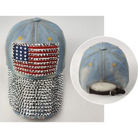 Kangqifen Gorra de béisbol unisex con diseño de bandera de Estados Unidos desgastada, con cristales brillantes, con ala deshilachada, Azul claro, Medium-Large