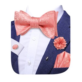 Hi-Tie Selftied Bowties for men Coral Pink Bowties Lapel Pin Set Bow Ties Pocket Square Cufflinks Sets for Wedding Tuxedo