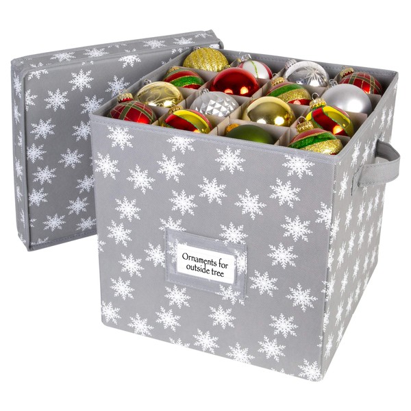 HOLDN’ STORAGE Christmas Ornament Storage Box with Lid - Christmas Decor Storage Containers that Store up to 64 Holiday Ornaments - Grey/White Snowflakes