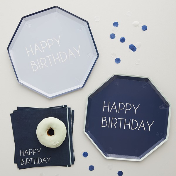 Ginger Ray Navy Blue Eco Friendly Paper Party Happy Birthday Plates - 8 Pack,25 centimeters