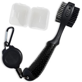 Golf Club Brush, Clean, Maintenance Tool, Wire, Nylon, Needle Storage, 3 Sides, Expandable String, Carabiner Hook Included, Non-slip Rubber Handle, Portable, Lightweight, Multi-Purpose, Black