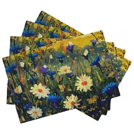 Watercolor Daisies Placemats Set of 4,Blue Cornflowers 12x18 Inch Non-Slip Washable Heat Resistant Linen Fabric Table Mats,Place Mats for Holiday Party