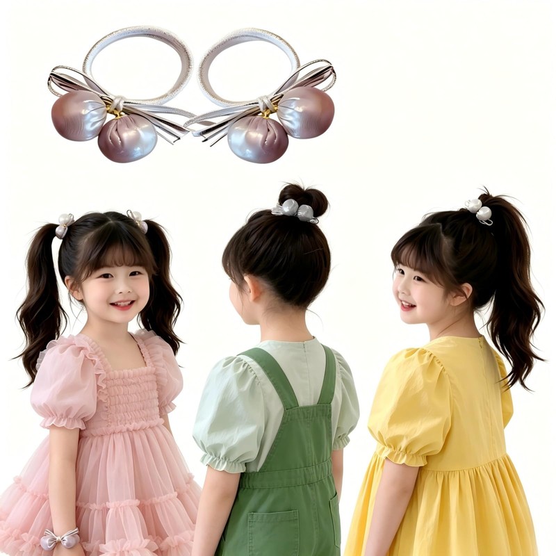 子供用 ヘアゴム パール調 光沢ボール付き 可愛い リボン風 ヘアアクセサリー 女の子 キッズ 髪留め