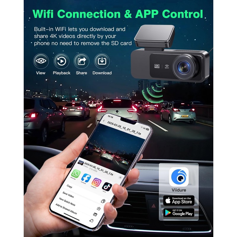Dash Cam Front and Rear 4K+1080P, UHD Built-in WiFi DashCam