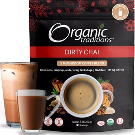 Organic Traditions Dirty Chai Mushroom Coffee, Instant Coffee with Lion’s Mane, Chaga, Reishi, Cordyceps, Turkey Tail, Organic Black Tea, MCT Oil Powder, Chai Spice Blend, 105mg Caffeine, 100g / 3.5 oz