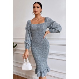 PRETTYGARDEN Women's Long Puff Sleeve Floral Midi Bodycon Dresses Square Neck Ruffle Mermaid Smocked Dress (Blue Leopard,Large)