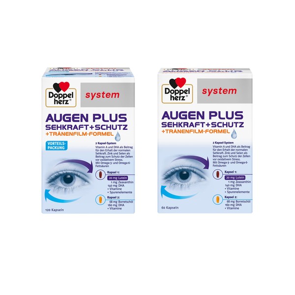 Doppelherz System Eye Plus Vision + Protection - With Vitamin A and Omega-3 Fatty Acid DHA as a Contribution to Maintaining Normal Vision - 1 x 120 + 1 x 60 Capsules