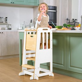 wingyz Toddler Tower – Adjustable Step Stool Helper for Kids 18M–6Y, Kitchen Learning Stool with Safety Rail, 3-Height Adjustable, Sliding Door, Full Support Foot, Wooden Updated Design, White