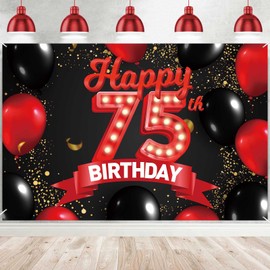 Happy 75th Birthday Red and Black Banner Backdrop Decorations Balloons Theme Decor for Girls Women Princess 75 Years Old Birthday Party Bday Photo Booth Props Supplies Background Favors Glitter Gold