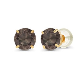 14K Yellow Gold Plated Sterling Silver 4mm Round Natural Smoky Quartz June Birthstone Prong Set Stud Earrings For Women