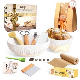 RCP Banneton Bread Proofing Basket Set of 2 with 8 Accessories - 9 Inch Round & 10 Inch Oval, Sourdough Starter Kit, Sourdough Bread Baking Supplies, Bread Lame, Dough Whisk, Scrapers Baking Gifts - Style: Round