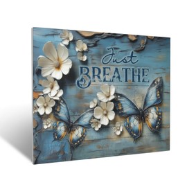 WTPNCZK Blue Butterfly Flower Wall Art 12x16inch Vintage Rustic Just Breathe Quotes Floral Wall Decor Canvas Painting Prints Artwork Home Decorations For Bedroom, Living Room, Office