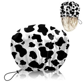 BHAHB Luxury Shower Cap Satin Lined Reusable Waterproof Double Layer Elastic Adjustable Hair Bath Cap Cute Aesthetic Women Girls-Cow Leopard