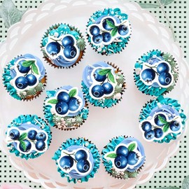 40PCS Edible Blueberry Cupcake Toppers Blueberries Fruit Dessert Blue Berry Fruits Gingham Summer Spring Glutinous Rice Paper Birthday Tea Party Bridal Baby Shower Tableware Party Supplies