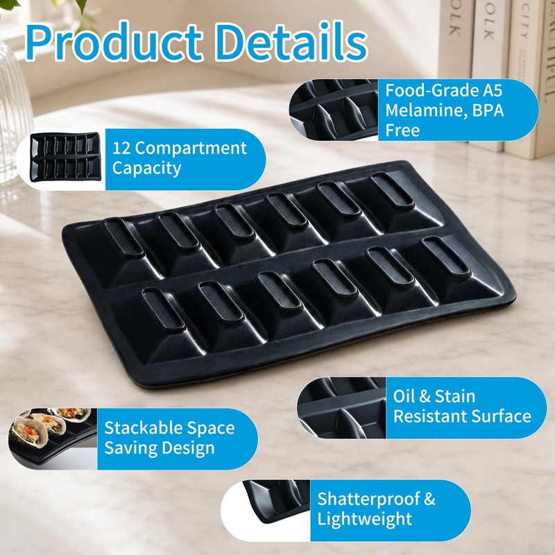 Oyster Tray, 12 Cavities Black Oyster Serving Platter, Stackable Shatterproof
