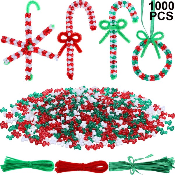 Christmas Tri-Shaped Beads Plastic Tri Beads with 50 Pieces White Chenille Stems Pipe Cleaners for Christmas Party DIY Supplies