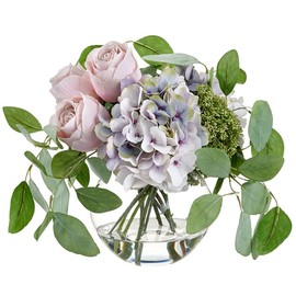 13.5" Rose, Hydrangea & Sedum Silk Flower Arrangement w/Glass Vase -Pink/Lavender
