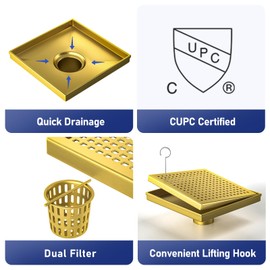 Bernkot Square Shower Drain 8", 304 Stainless Steel Floor Drain with Grid Drain Cover & Hair Strainer, Shower Drain w/CUPC Certified, Brushed Gold