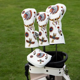 Golf Club Head Cover for Drivers, Fairway Woods, Hybrids, and Mallet Putter Cover Funny Style Premium Leather Elegant Embroidery Golf Headcover Set with Interchangeable No. Tags (DR+FW+UT(3pcs))
