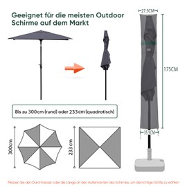 Sekey Parasol protective cover with rod, cover for diameter 300 cm, garden umbrella with ventilation openings, cover for market umbrella/balcony umbrella, 100% polyester, waterproof, dark grey.