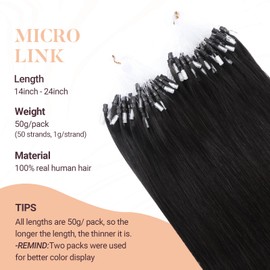 MAXITA Microlink Hair Extensions Human Hair, 50g/50 Strands/Pack, 14 In, #1B Jet Black