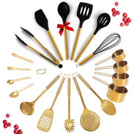 Black and Gold Kitchen Utensils Set - 19 PC Luxury Set Includes Stainless Steel Gold Cooking Utensils Set, Silicone Cooking Utensils, Gold Measuring Cups and Spoons -Black and Gold Kitchen Accessories