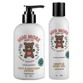Hug More Baby Oil 4 Oz & Baby Lotion 8 Oz Pack of 2 – Unscented – Gentle, Soft & Soothing - Hypoallergenic, Suitable for Newborn Babies