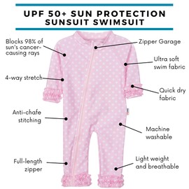 SwimZip Baby Girl Long Sleeve Sunsuit with UPF 50+,Sassy Surfer Pink Dots,6-12 Months