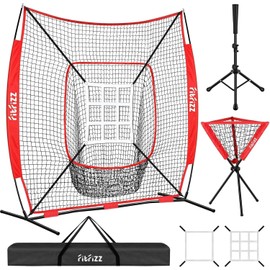 FITFIZZ 7x7 ft Baseball Net for Batting Pitching Hitting, Softball Pitching Net with Strike Zone, Tee, Ball Caddy, Softball Batting Net Baseball Training Equipment for Kids Adult Youth Sport Practice