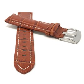 Bandini 22mm Mens Italian Leather Watch Band Strap - Tan With White Stitch - Alligator Pattern