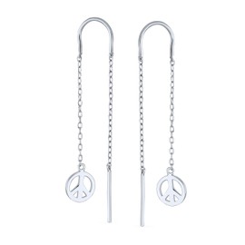 Tiny Simple Lightweight Linear Flat Tiny World Peace Sign Symbol Chain Threader Earrings For Women Teen .925 Sterling Silver Stabilizing U Hook